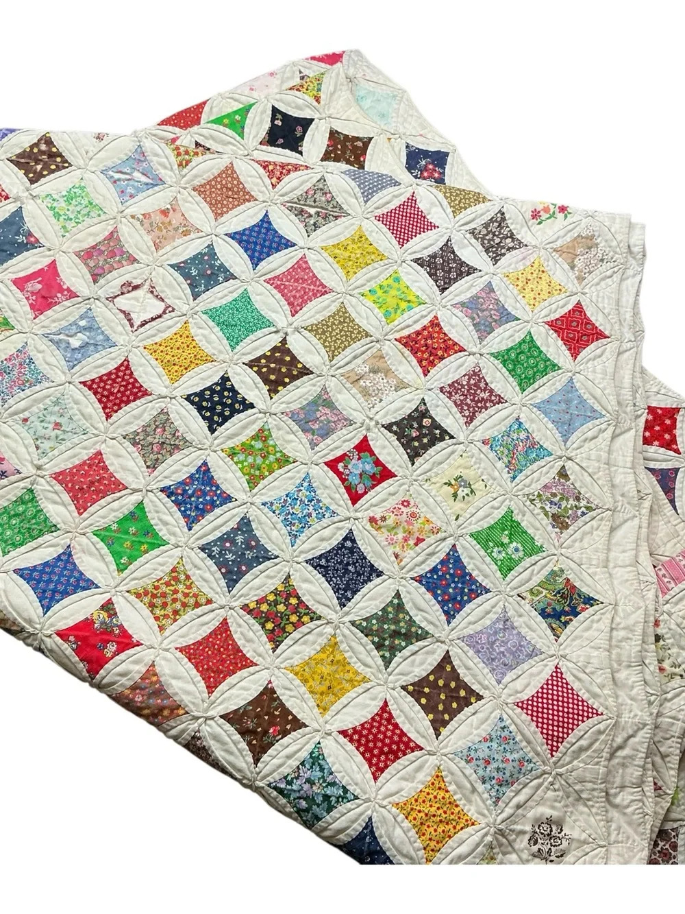 Vintage hand stitched cathedral window multicolored quilt 79 x 97 USA made
